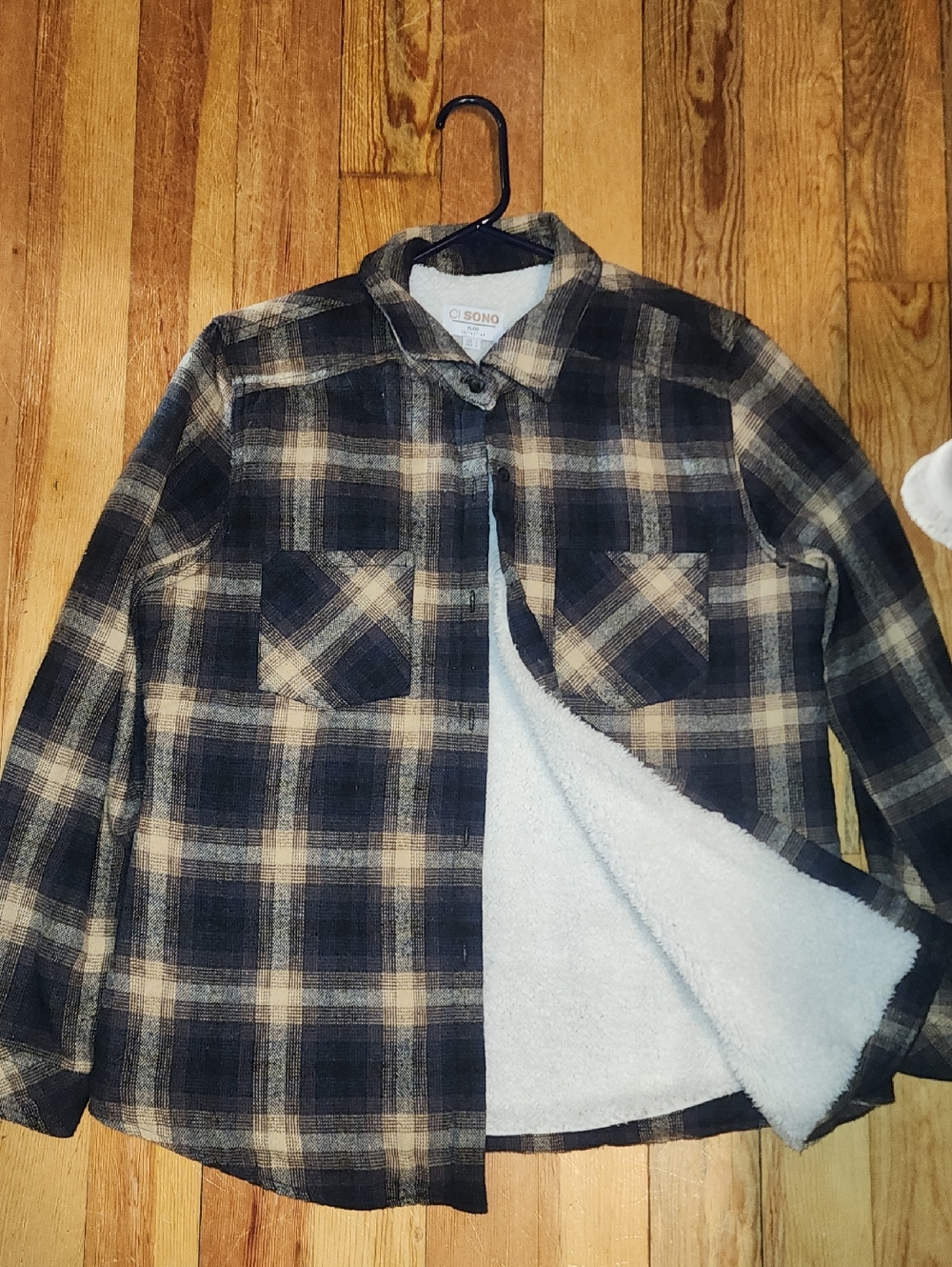 Ci Sono Plaid Shacket in Navy, Cream, and Brown